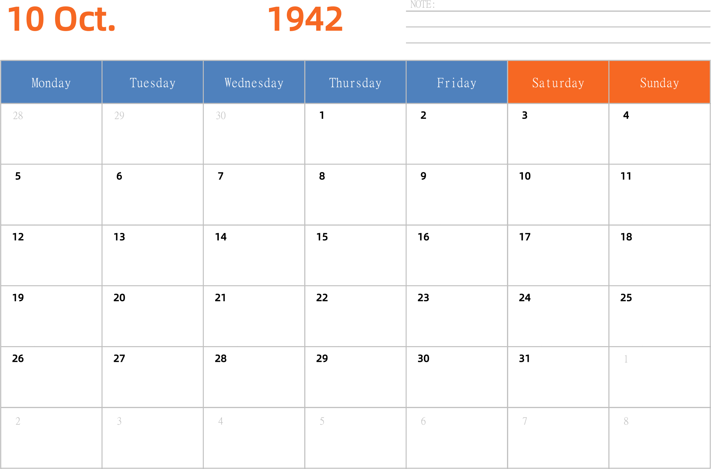 日历表1942年日历 英文版 横向排版 周一开始